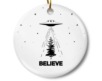 UFO Christmas Ornament: Believe Alien Abduction Tree (Ceramic)