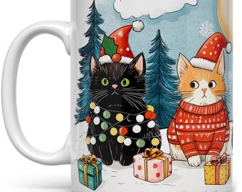 Festive Winter Christmas Cats Ceramic Coffee Mug, Cute Whimsical Holiday Gift Cup for Mom Daughter Friend Coworker Him Her