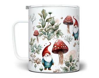 Woodland Gnome Insulated Travel Coffee Mug with Lid, Forest Mushroom Cup, Cottagecore Mug, Hygge Gifts, Winter Nature Mug