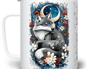 Woodland Sleeping Wolf Insulated Mug with Lid: Cottagecore Forest Cup