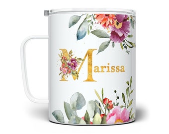 Personalized Floral Name Travel Mug: Insulated Stainless Steel Tumbler