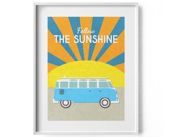 Retro Art Print, Psychedelic Poster, VW Bus Print, Inspirational Print, Motivational Posters, Typography Poster, Surfing Poster