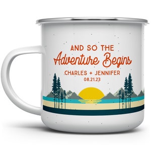 Personalized Wedding Campfire Mug, Mountain Woodland Adventure Couples Camping Mug, Engagement Mug, Wedding Gift for Fiance Bride Groom