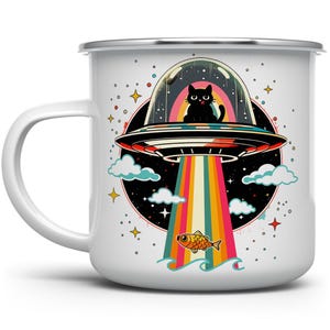 Retro UFO Cat Abduction Extraterrestrial Paranormal Enamel Campfire Mug, Fun Sci FI Outdoor Camping Coffee Cup