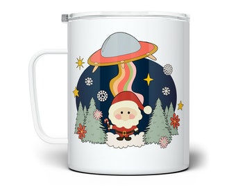 Fun Retro Santa UFO Travel Coffee Mug, Christmas Holiday Cup with Lid, Paranormal Holiday Mug, Groovy Winter Mug, Trippy Christmas Mug