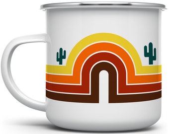 70's Retro Desert Cactus Landscape Campfire Coffee Mug, Wanderlust Boho Camping Mug, Outdoor Travel Camp Mug, Bohemian Mug