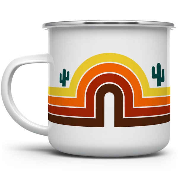 70's Retro Desert Cactus Landscape Campfire Coffee Mug, Wanderlust Boho Camping Mug, Outdoor Travel Camp Mug, Bohemian Mug