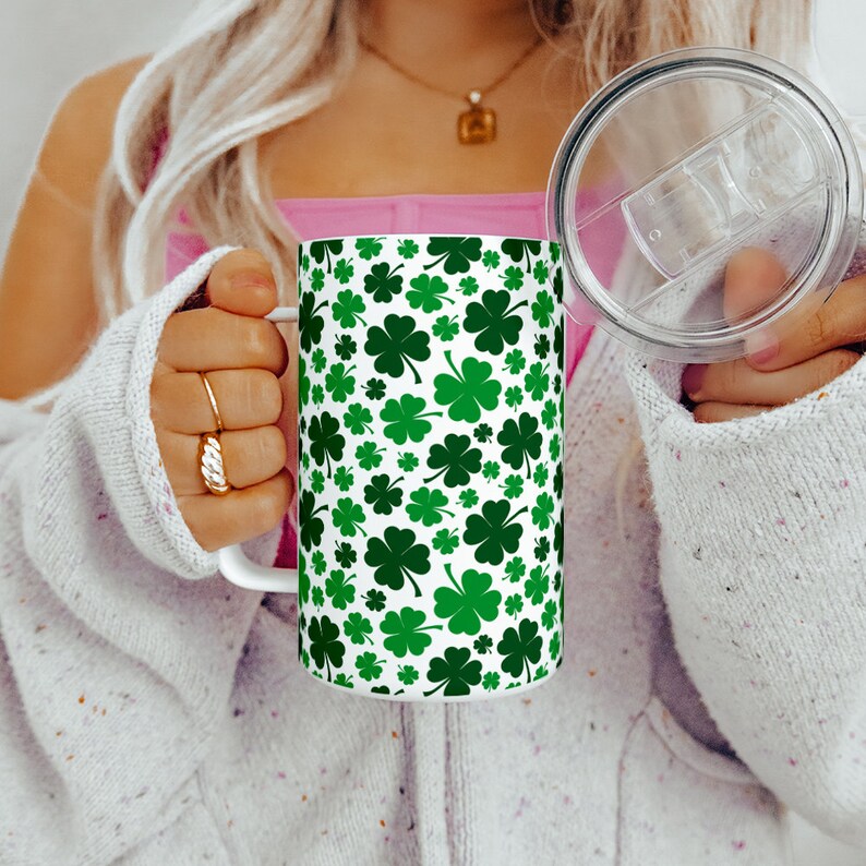 Shamrock Insulated Travel Coffee Mug with Lid, St Patrick's Day Cup,Four Leaf Clover Mug, Irish Gifts, Cute Spring Mug, Lucky Clover Tumbler image 6
