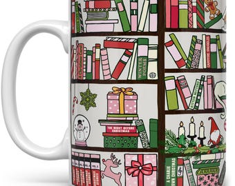 Christmas Book Library Ceramic Coffee Mug, Whimsical Holiday Bookish Gifts, Librarian Bookworm Bibliophile Cup