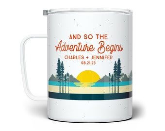 Personalized Wedding Travel Tumbler Mug, Mountain Woodland Adventure Couples Mug, Engagement Mug, Wedding Gift for Fiance Bride Groom