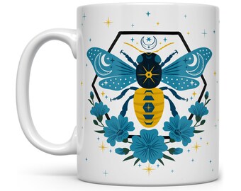 Celestial Bee Coffee Mug, Spring Honey Bee Cup, Nature Mug, Moon Stars Cup, Floral Mug, Bee Lover Gifts