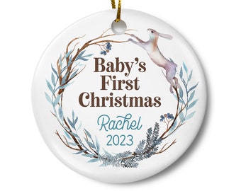 Personalized Baby's First Christmas Ornament, Baby Keepsake Ornament, Newborn Christmas, Baby Shower Gift, Woodland Bunny Ornament