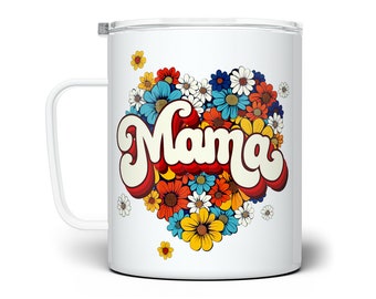 Retro Floral Mama Insulated Travel Coffee Mug, Mother's Day Gifts, Birthday Gift for Mom