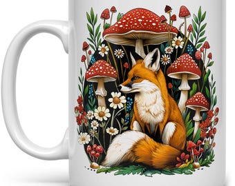 Woodland Forest Fox Cottagecore Coffee Mug, Cozy Whimsical Mushroom Nature Cup