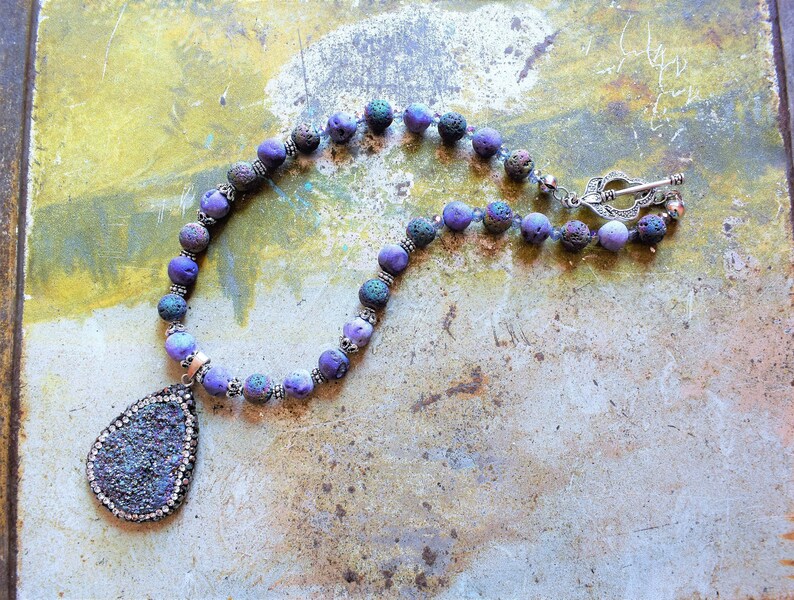 purple druzy necklace anniversary gift Purple necklace purple lava necklace pave diamond druzy silver necklace