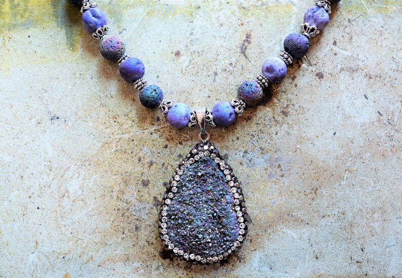 purple druzy necklace anniversary gift Purple necklace purple lava necklace pave diamond druzy silver necklace