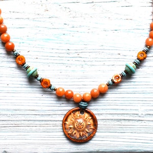 Orange sun necklace,  orange Agate necklace, orange Czech glass necklace, ceramic sun necklace, Picasso Czech glass jewelry, autumn necklace