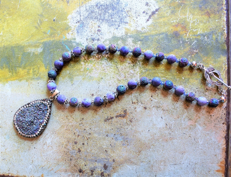 purple druzy necklace anniversary gift Purple necklace purple lava necklace pave diamond druzy silver necklace