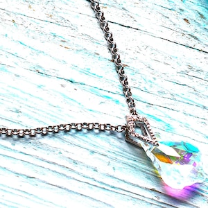 AB Crystal necklace, Iridescent aqua necklace, Silver necklace,  blue necklace, crystal bling necklace,  anniversary gift
