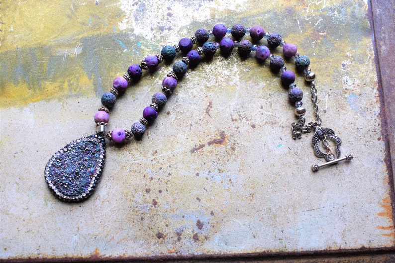 purple druzy necklace anniversary gift Purple necklace purple lava necklace pave diamond druzy silver necklace
