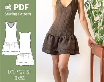 Drop Waist Dress - PDF Sewing Pattern - V-Neck Ruffle Dress - Digital Download