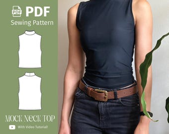 Sleeveless Mock Neck Top - (NO ZIPPER) - PDF Sewing Pattern - Turtle Neck - Digital download - Beginner Friendly
