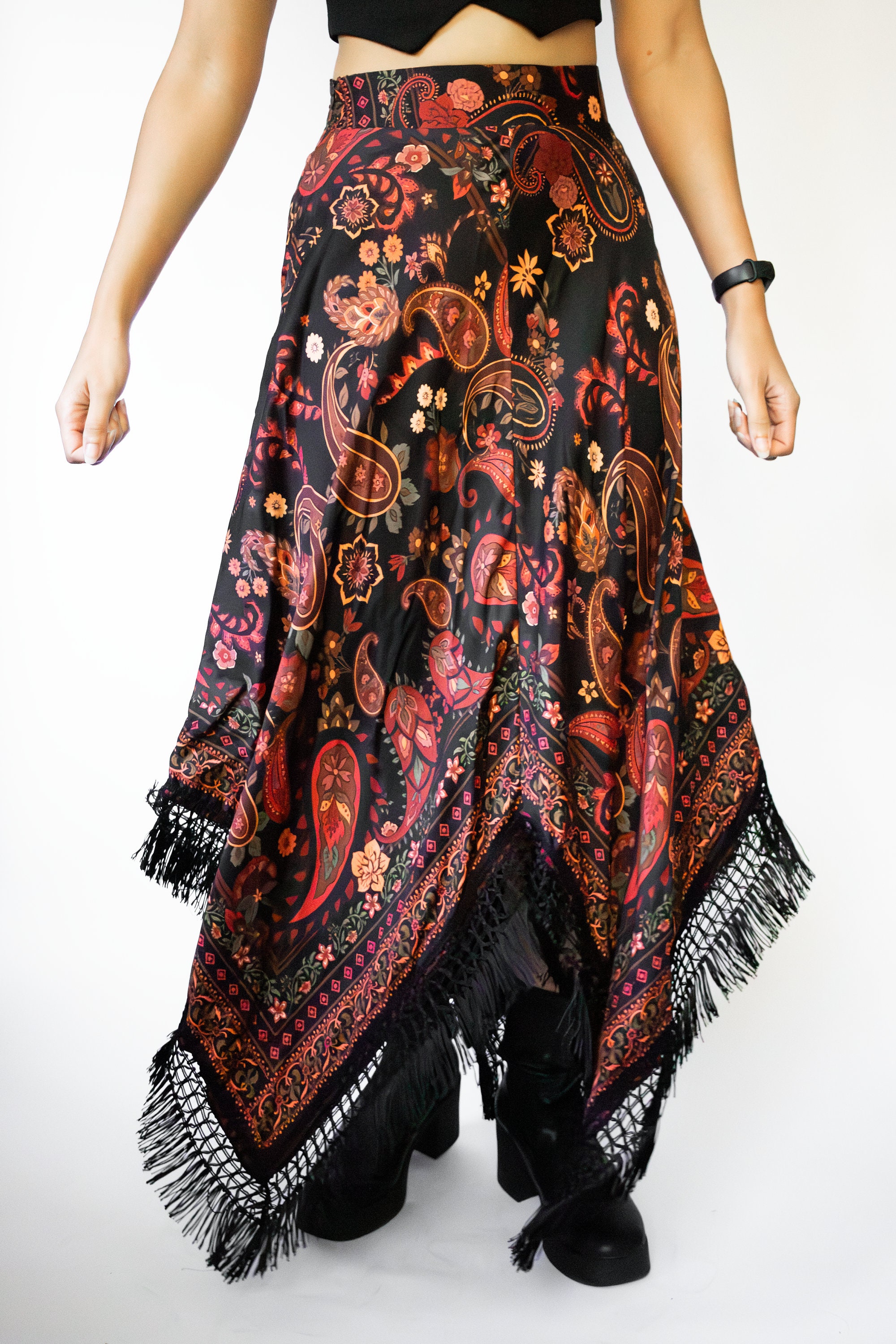 PrinStory Flowy Handkerchief Hem Midi Skirt - Elegant Summer Casual Dress Cashew Red Print