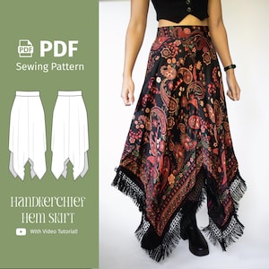Falda con dobladillo de pañuelo - Patrón PDF - Falda asimétrica con flecos - Descarga digital