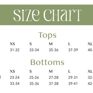 May include: Size chart for tops and bottoms in US/Canada sizes.  The chart shows measurements for bust, waist, and hip in inches for sizes XS, S, M, L, and XL.