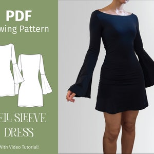 Bell Sleeve Dress (NO ZIPPER) - PDF Sewing Pattern - Boat Neck - Digital download