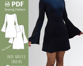 Bell Sleeve Dress (NO ZIPPER) - PDF Sewing Pattern - Boat Neck - Digital download - Beginner Friendly