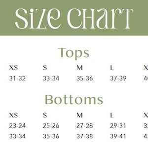 Peut inclure: Un tableau des tailles pour hauts et bas, avec des mesures de poitrine, de taille et de hanches en centim&egrave;tres. Les tailles vont de XS &agrave; XL. Le tableau est intitul&eacute; "Size Chart" et indique les tailles US/Canada.