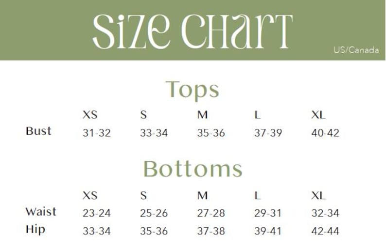 Peut inclure: Un tableau des tailles pour hauts et bas, avec des mesures de poitrine, de taille et de hanches en centim&egrave;tres. Les tailles vont de XS &agrave; XL. Le tableau est intitul&eacute; "Size Chart" et indique les tailles US/Canada.
