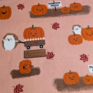 Puede incluir: Una tela rosa con un patrón repetido de calabazas naranjas con caras felices, erizos tirando de carros llenos de calabazas y las palabras "Pumpkin Patch".
