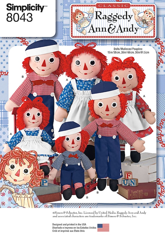 and Ann's Dress and Pinafore UNCUT and Hat Simplicity 8043 Classic Raggedy Ann & Andy Dolls with Andy's Overalls Sizes 15-26-36 Shirt