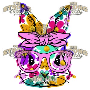May include: A pink and white bunny with floral print ears, a pink bow, and pink glasses. The bunny has black eyes and a black nose.