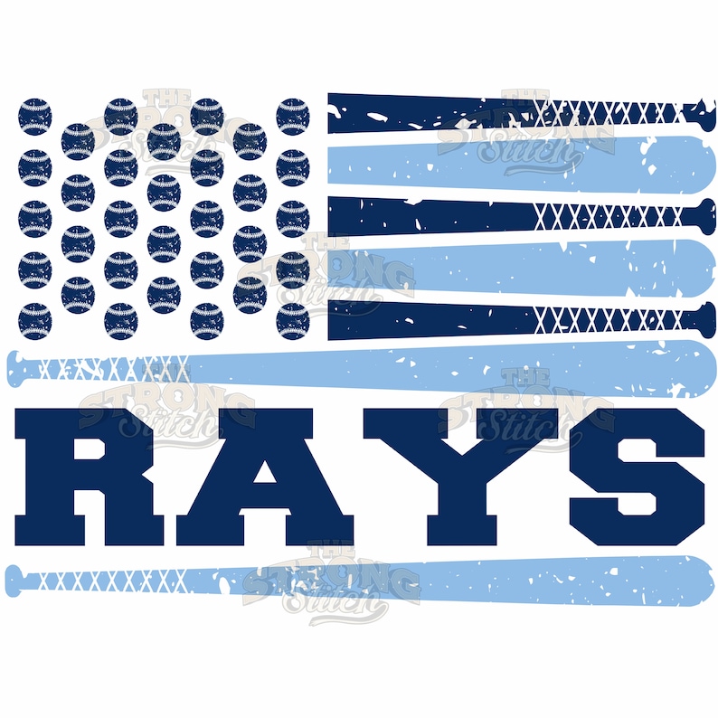 May include: A blue and white American flag design with baseballs in the top left corner and baseball bats forming the stripes. The word "RAYS" is written in large blue letters below the flag.