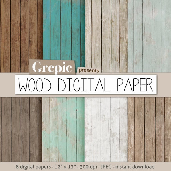 Wood digital paper: "WOOD DIGITAL PAPER" with rustic wood texture and distressed wood grain in teal, brown, grey, digital wood background