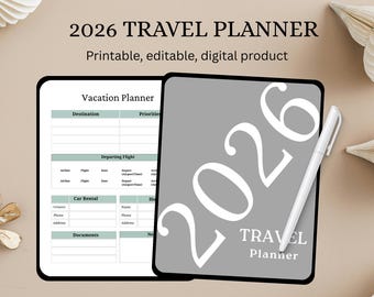 Planificador de viajes imprimible 2026, organizador de vacaciones, páginas de planificación de viajes, itinerario de viaje, presupuesto, lista de equipaje (PDF)