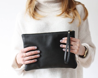 Leather Clutch w/ Wrist Strap - Black