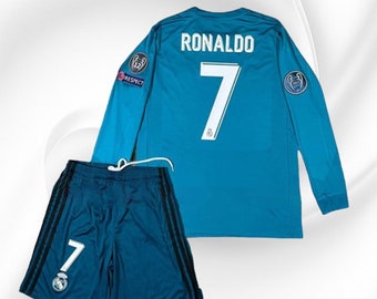 Real Madrid 2017-2018 Cristiano Ronaldo No. 7 Azul Kit completo - Camiseta y pantalones cortos de la Liga de Campeones, uniforme de fútbol de manga corta/larga
