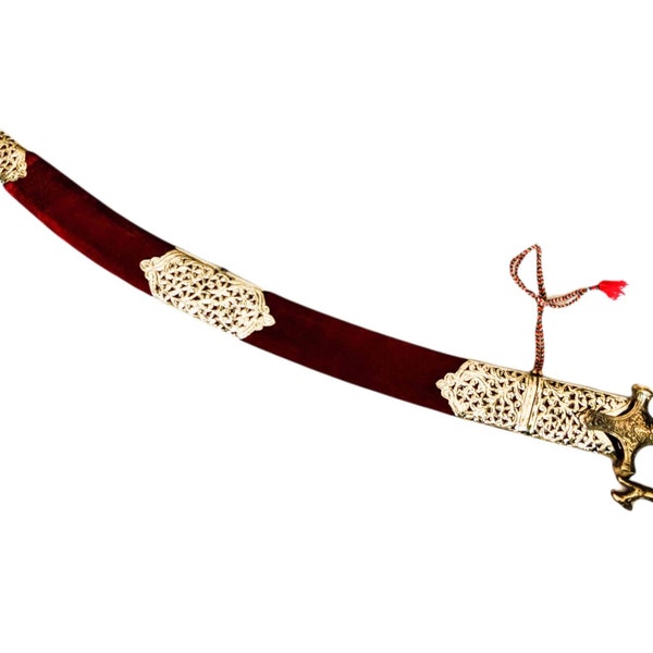 Indian Rajput Wedding Sword with sheath maroon  fabric golden look brass fittings 34 in