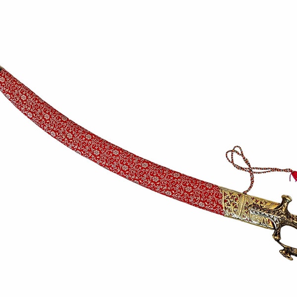 Indian Rajput Wedding Sword with sheath maroon fabric golden look brass fittings