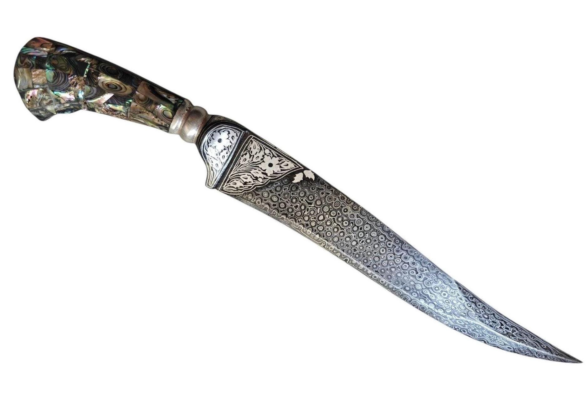 Indo Persian Damascus Silver Koftgari Worked Dagger With Abalone