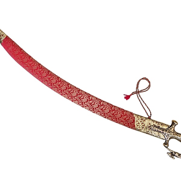 Indian Rajput Wedding Sword with sheath maroon fabric golden look brass fittings