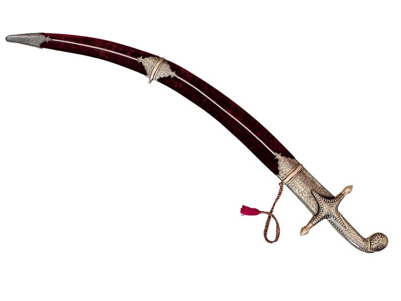 Shamshir Sword Silver Koftgari Worked With Damascus Blade and Maroon ...
