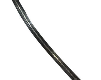 May include: A curved, antique sword with a dark blade and ornate silver detailing on the handle. The blade has a slight curve and a pointed tip. The handle features intricate floral patterns.