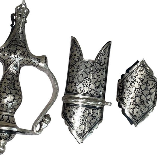 Silver kofthgiri worked Rajput sword hilt set of three attachments & hilt