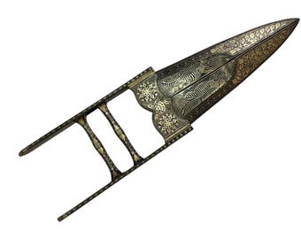 Vintage reproduction indo persian mughal rajpoot scissor katar with silver work and Damascus blade