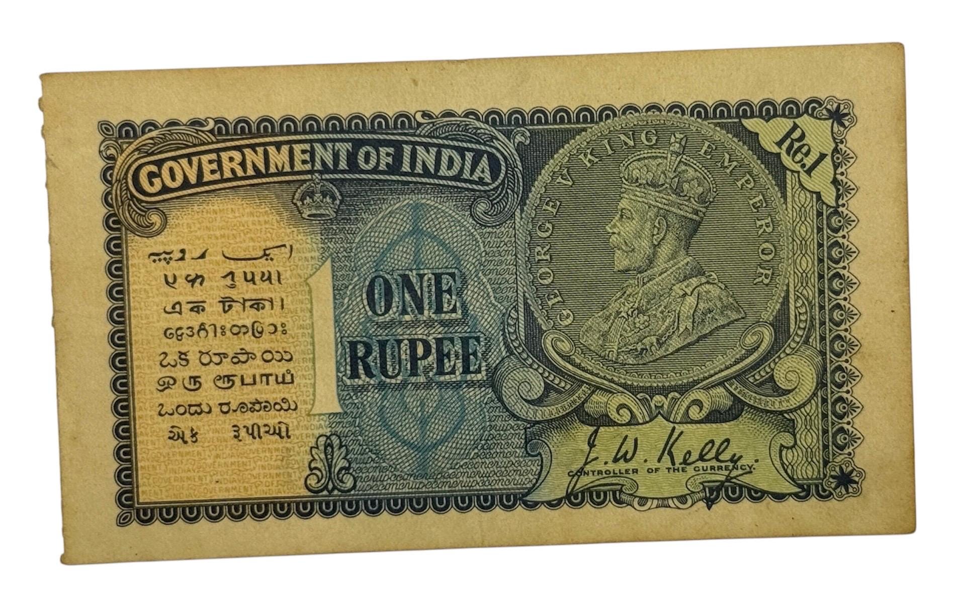 イギリス領インド1ルピー紙幣、UNC条件付き、総督J・W・ケリー署名